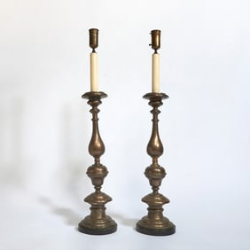 Pair of Large Continental Marble and Pewter Altar Stick Lamps