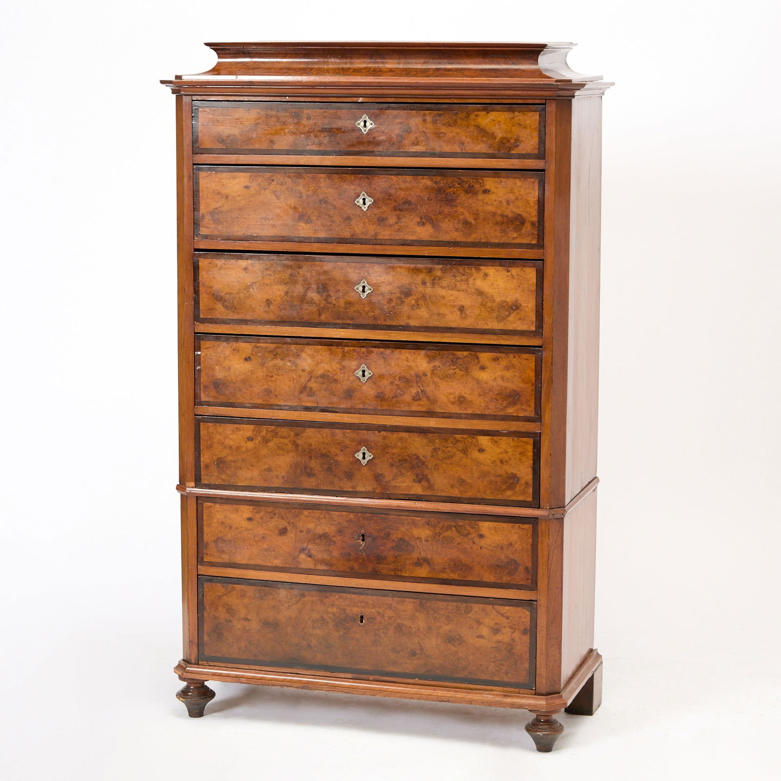 French Restauration Burl Walnut Semainier: Circa 1820 In three parts. Height 63 3/4 inches, width 39 1/2 inches, depth 19 1/4 inches. In three parts, lacking escutcheons, edgwear to drawer fronts, chips to corners; cracks to lower left side o