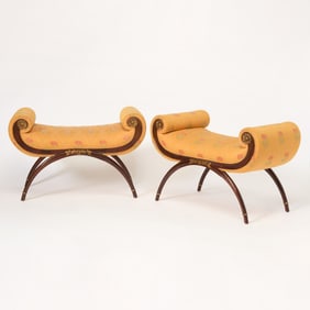 Pair of Empire Style Upholstered Parcel Gilt and Mahogany Stained Stools