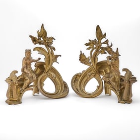 Pair of Gilt-Bronze Chinoiserie Figural Chenets