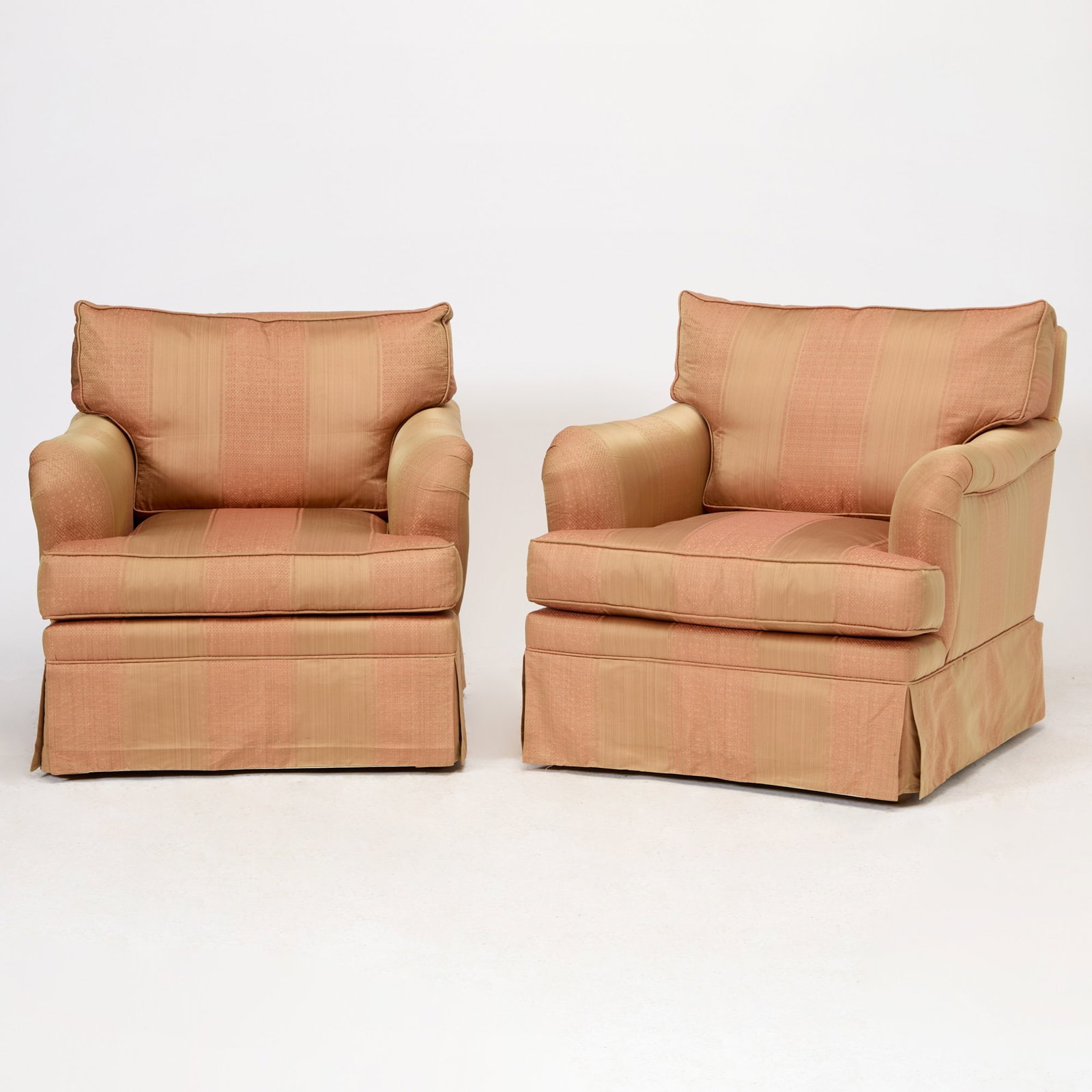 Pair of Upholstered Club Chairs: Height 33 inches, width 35 inches, depth of seat 20 inches, height of seat 19 inches.
