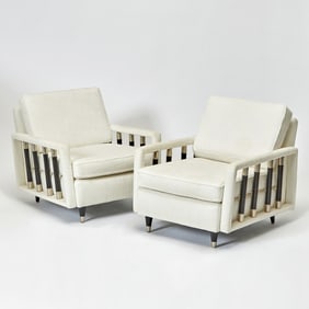 Pair of Art Deco Style Upholstered Ebonized Lounge Chairs
