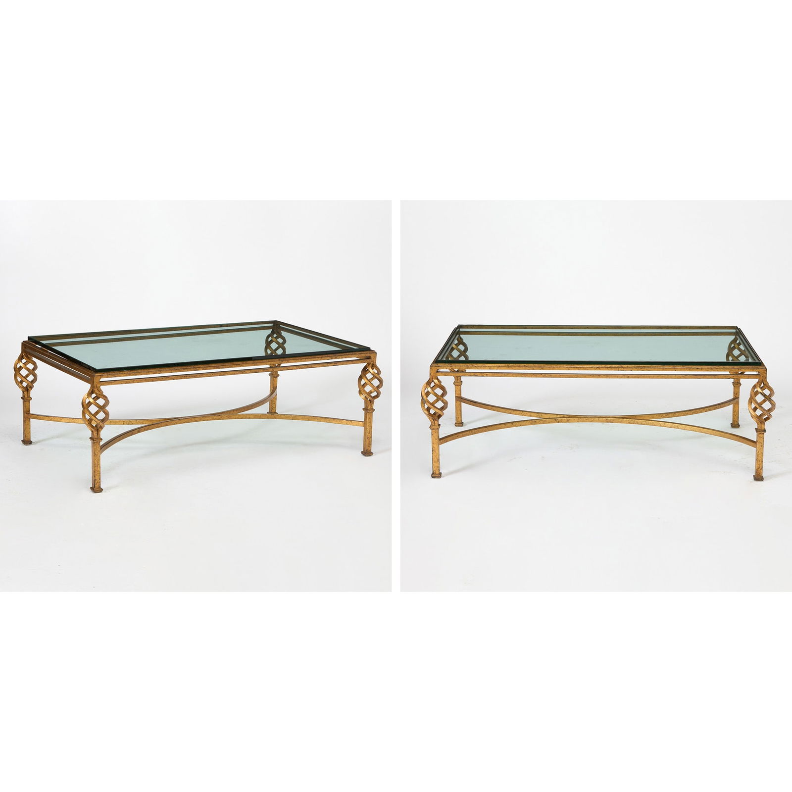 Pair of Gilt Iron and Glass Low Tables: Height 17 inches, width 51 inches, depth 34 inches.