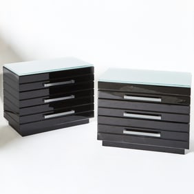 Pair of Lorin Marsh Black Lacquered Chests with Glass Tops