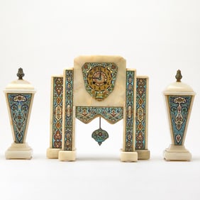 Art Deco Three-Piece Onyx and Champlevé Enameled Clock Garniture