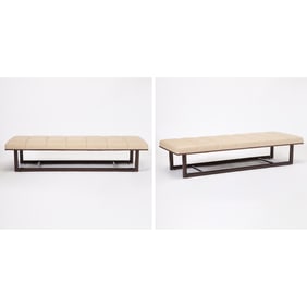 Pair of Art Deco Upholstered Stained Wood Benches