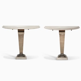 Pair of Art Deco Style Chrome and Travertine Demilune Consoles