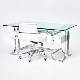 Art Deco Style Chrome, White Leather, and Glass Top Writing Table with chair