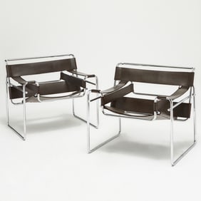 Pair of Marcel Breuer Style Chromed Metal and Leather "Wassily" Chairs