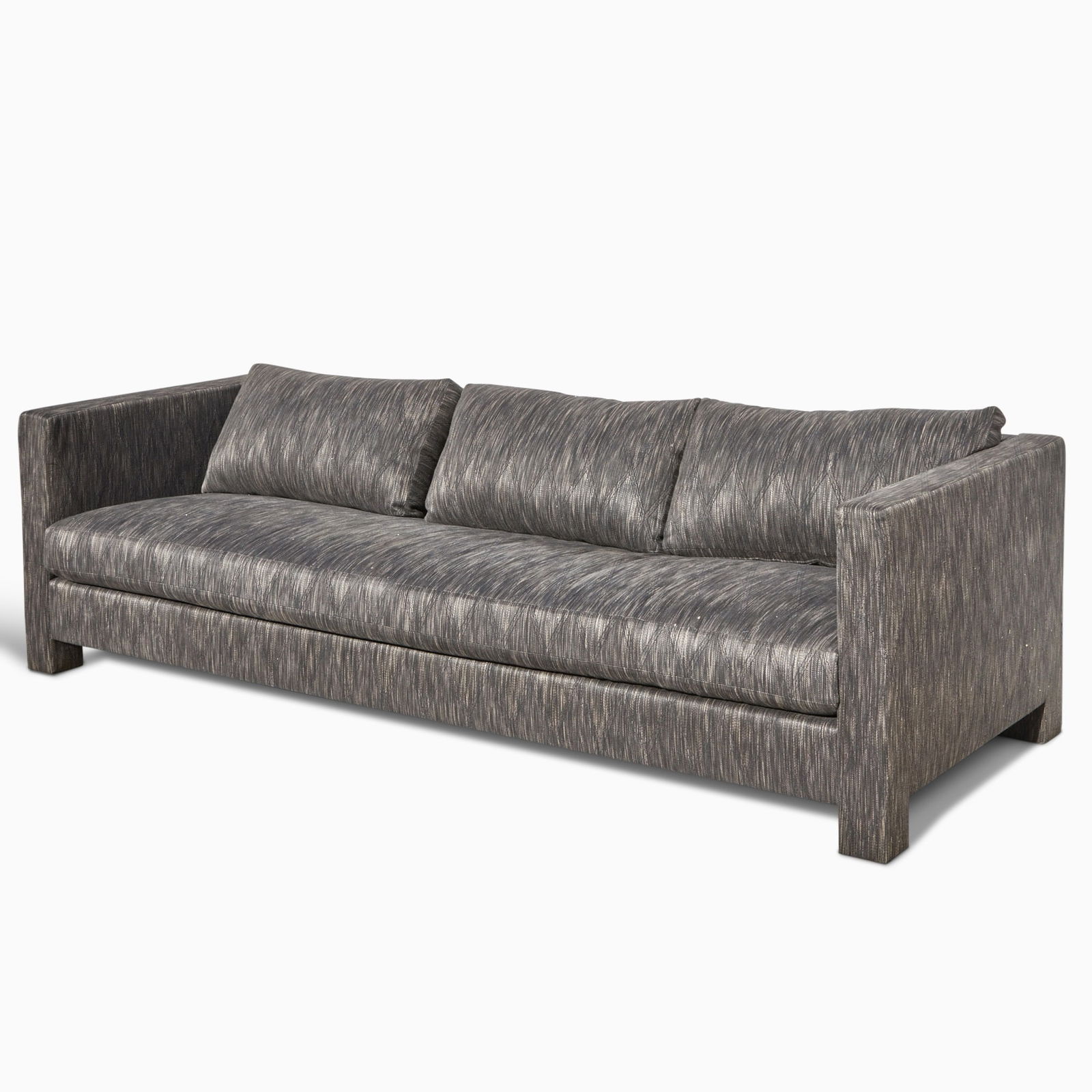 Custom Sofa Upholstered in a Schumacher Frank Lloyd Wright fabric: Height 28 17 /2 inches, height 8 feet 6 inches, depth 37 1/2 inches. (102" L)