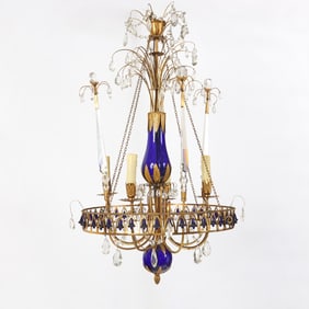 Baltic Neoclassical Cut Glass and Blue Glass-Mounted Four-Light Chandelier