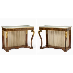 Pair of Continental Neoclassical Parcel-Gilt Walnut Console Tables