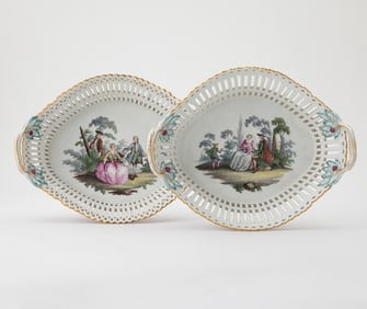 Pair of Berlin KPM Porcelain Reticulated Oval Twin-Handled Baskets