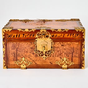 German Baroque Style Brass-Mounted Fruitwood Marquetry Burl Walnut Strong Box