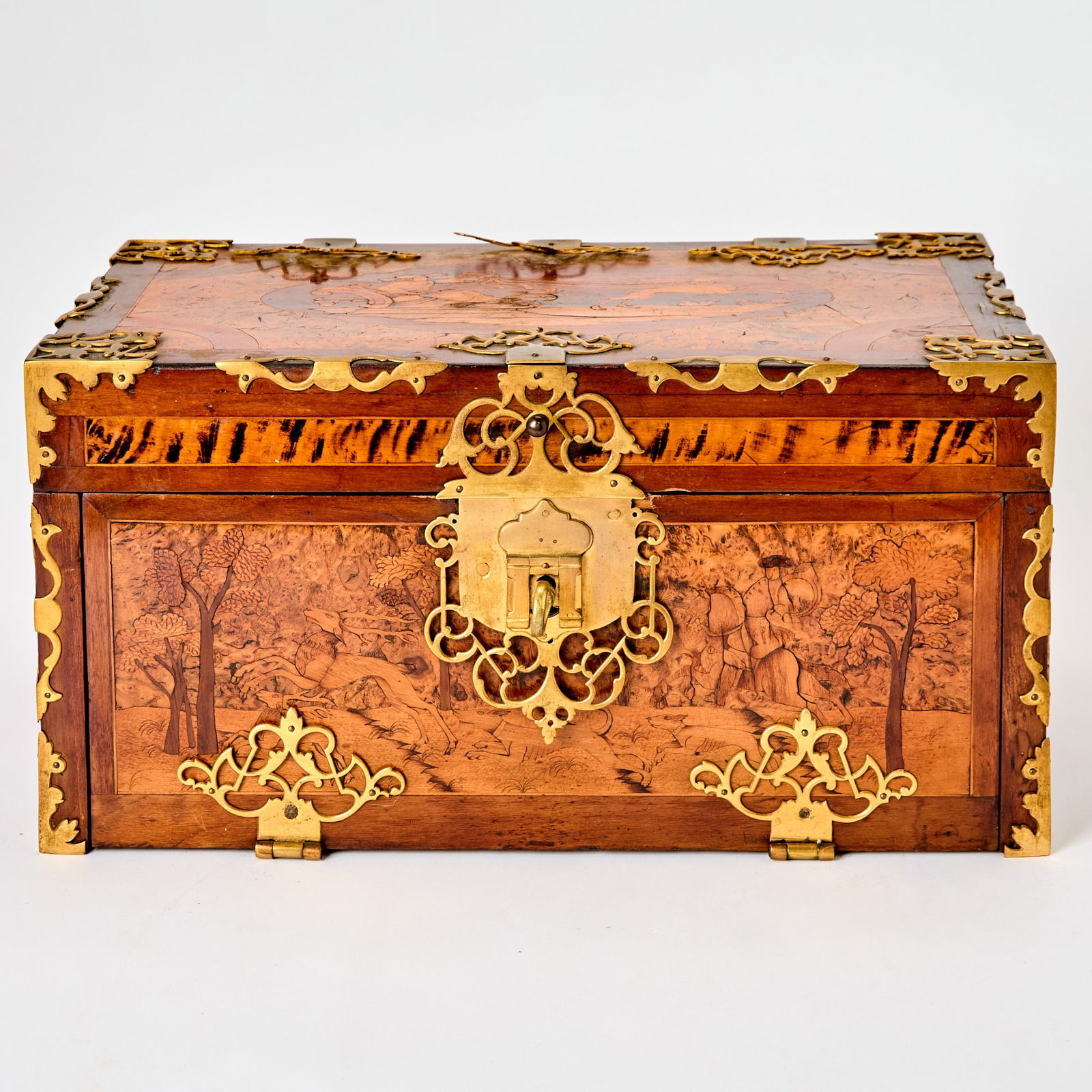 German Baroque Style Brass-Mounted Fruitwood Marquetry Burl Walnut Strong Box (1 of 2)