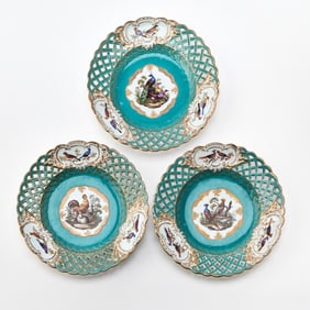 Set of Three Meissen Porcelain Turquoise-Ground Ornithological Reticulated Plates
