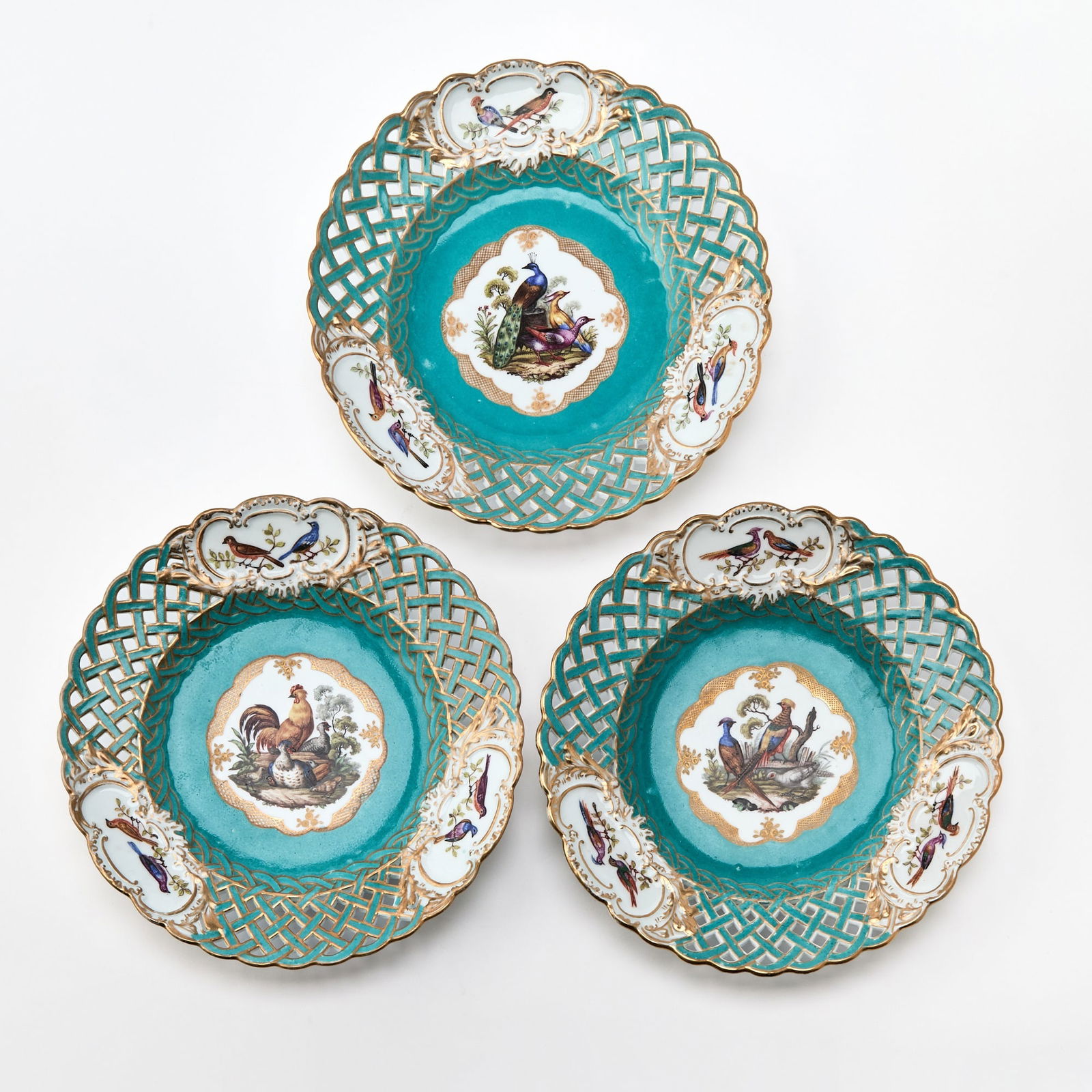 Set of Three Meissen Porcelain Turquoise-Ground Ornithological Reticulated Plates (1 of 4)