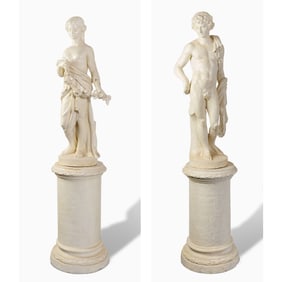 Pair of Italian White-Painted Terracotta Figures of a Maiden and a Youth on Pedestals