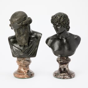 Two Italian Grand Tour Patinated Bronze Busts of Dionysus and Antinous on Marble Bases