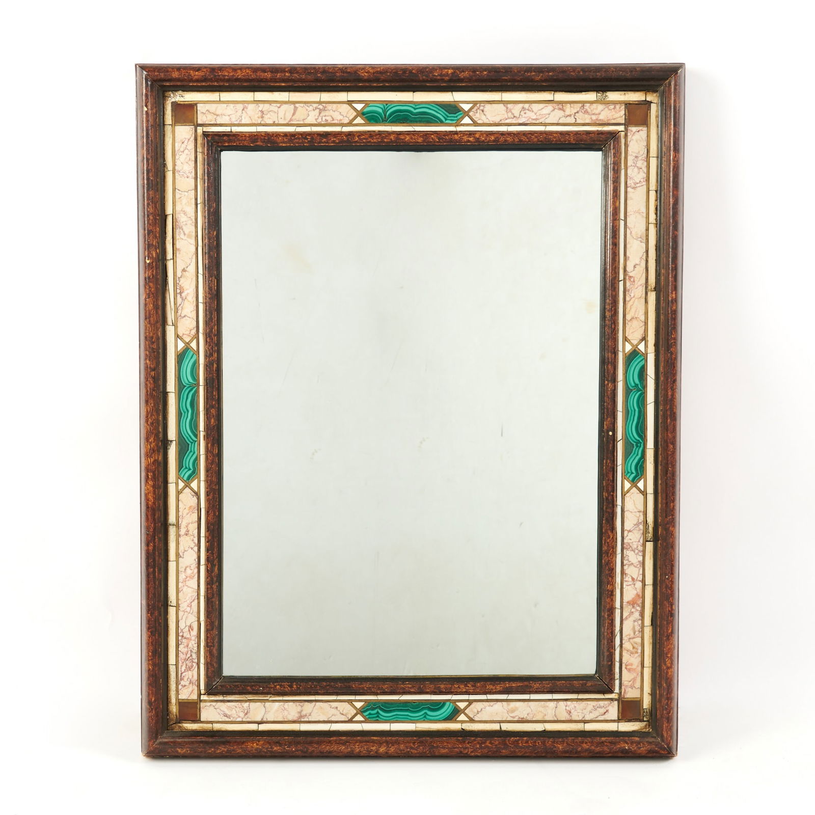 Italian Malachite, Marble, Brass, Bone and Polychrome Painted Walnut Mirror: 20th century The rectangular mirror plate within a faux-bois painted and malachite, marble, glass, and bone-inset surround. Height 29 1/4 inches (74.4 cm), width 23 inches (58.4 cm). Light scratche