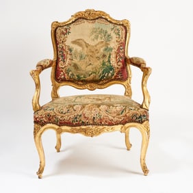 Louis XV Giltwood and Tapestry Fauteuil à la Reine