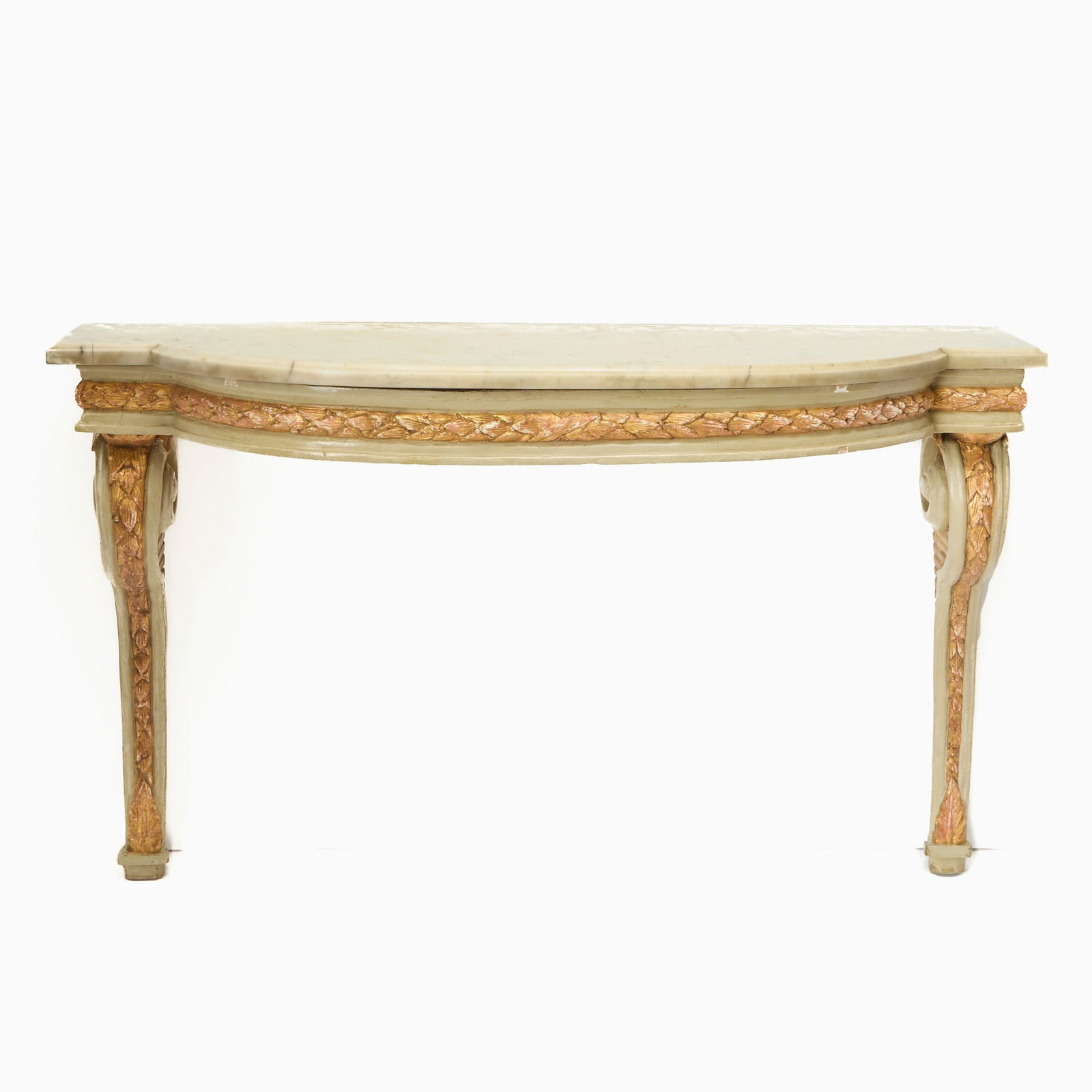 Louis XVI Grey-Painted and Parcel Giltwood Console Table: Late 18th century The later molded bow-front grey-veined white marble top above a conforming laurel-banded carved frieze, on foliate-carved volute supports, the underside with label inscribed in blue