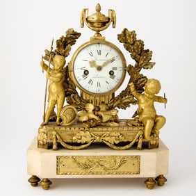 Louis XVI Gilt-Bronze and White Marble Figural Mantel Clock, Signed Merra a Paris