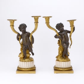 Pair of Restauration Ormolu, Patinated Bronze and White Marble Two-Light Candelabra