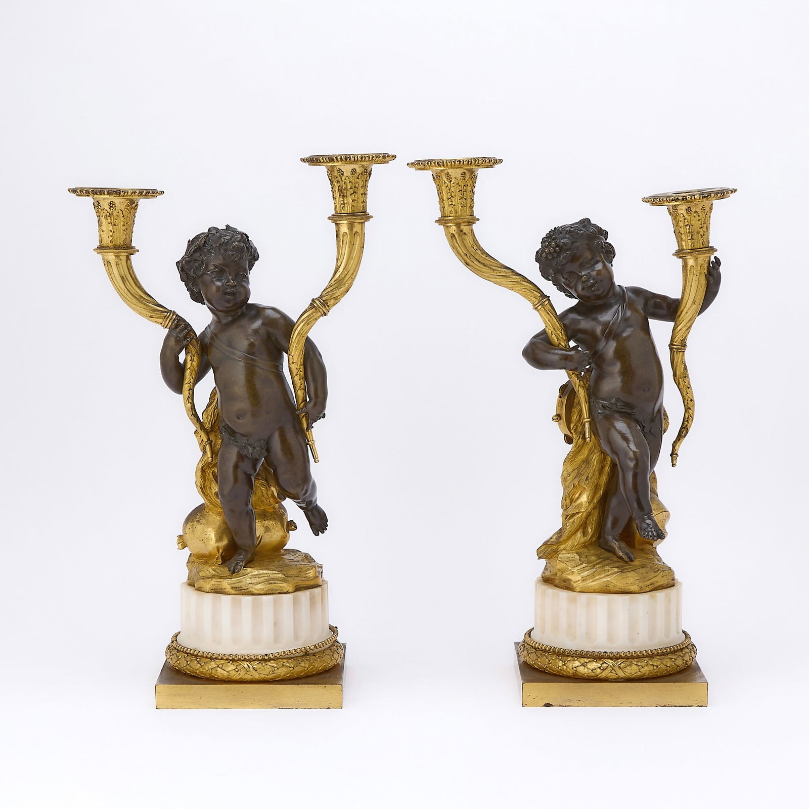 Pair of Restauration Ormolu, Patinated Bronze and White Marble Two-Light Candelabra (1 of 3)