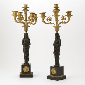 Pair of Empire Style Gilt and Patinated Bronze Retour d ’Egypt Five-Light Candelabra