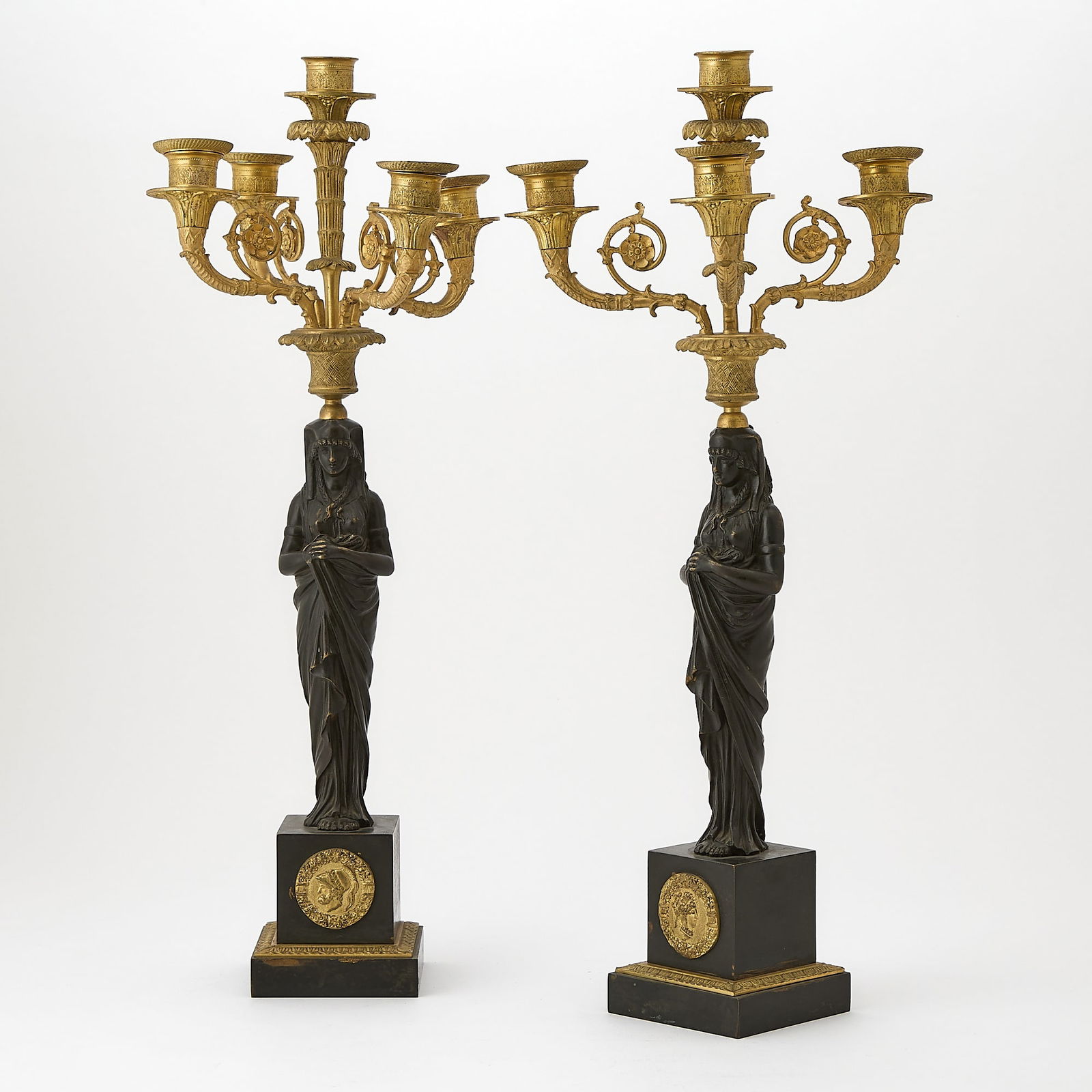 Pair of Empire Style Gilt and Patinated Bronze Retour d ’Egypt Five-Light Candelabra (1 of 3)