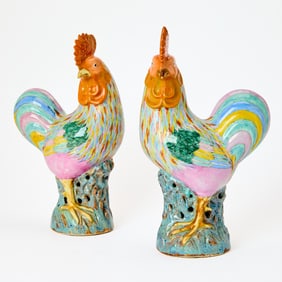 Pair of Chinese Export Polychrome Porcelain Cockerels