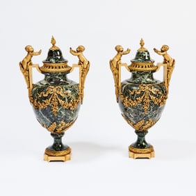 Pair of Louis XVI Style Gilt-Bronze Mounted Verde Antico Marble Urns and Covers