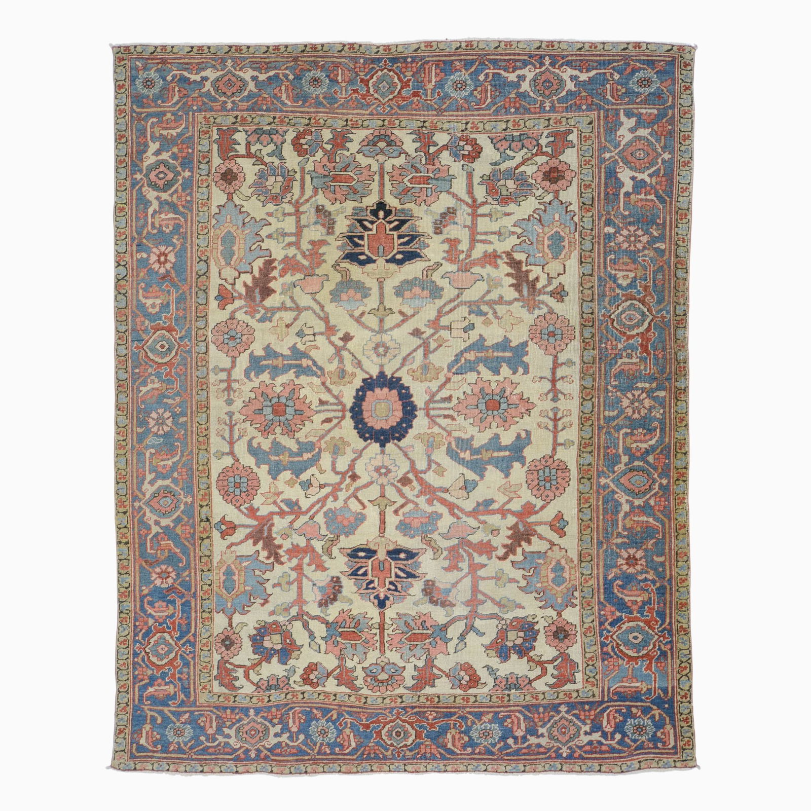 Heriz Rug: Northwest Persia, Circa 1900 The ivory field with a central rosette flanked by angular stylized floral vinery is within a sky-blue palmette and vine border. 6 feet 9 inches x 5 feet 4 inches. Provenan