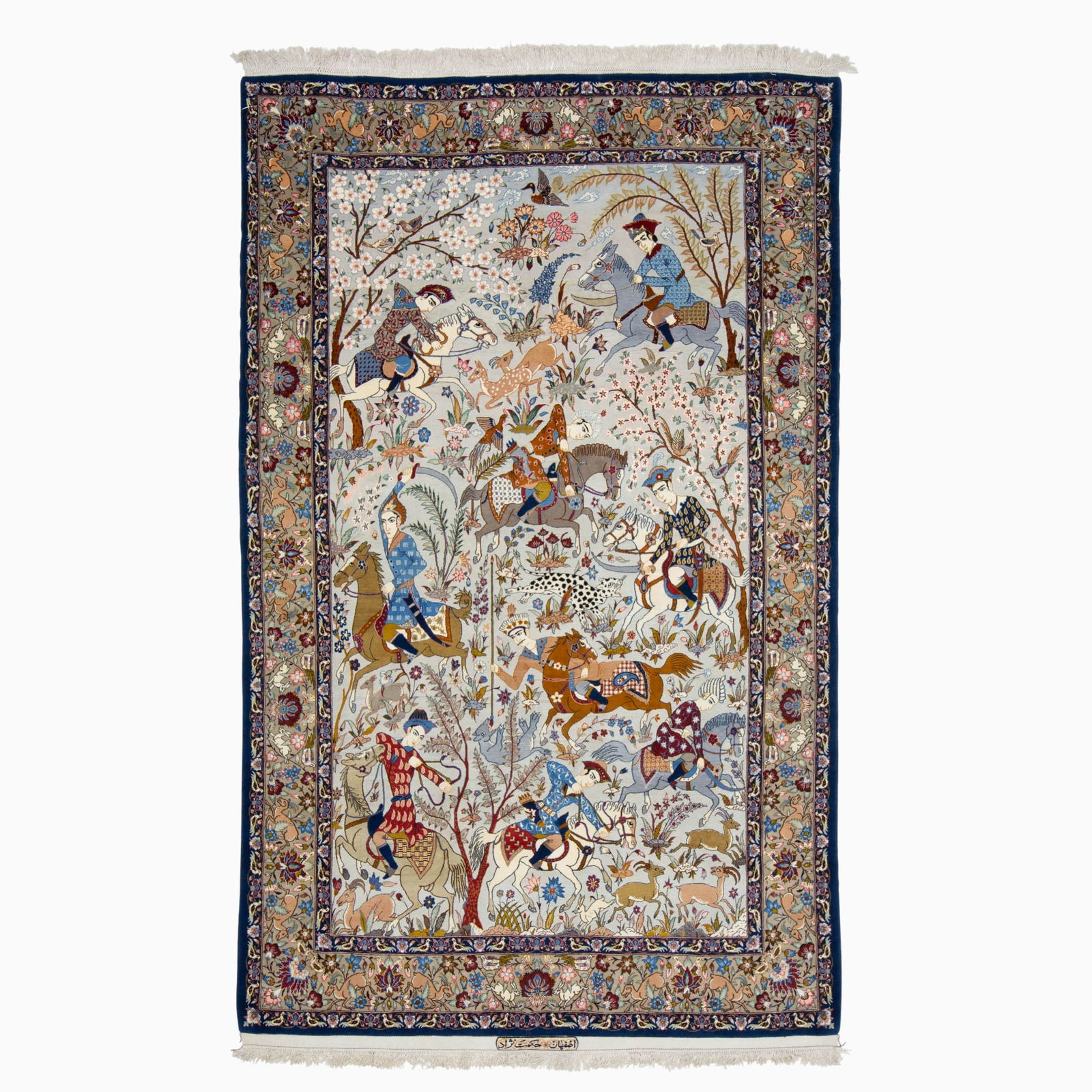 Silk Warp Isfahan Hunting Rug: Central Iran, Late 20th Century The sky-blue field with an ascending overall pattern of horsemen chasing prey is within a slate grey border filled with animals amongst vinery. Signed. 506 kpsi (23H