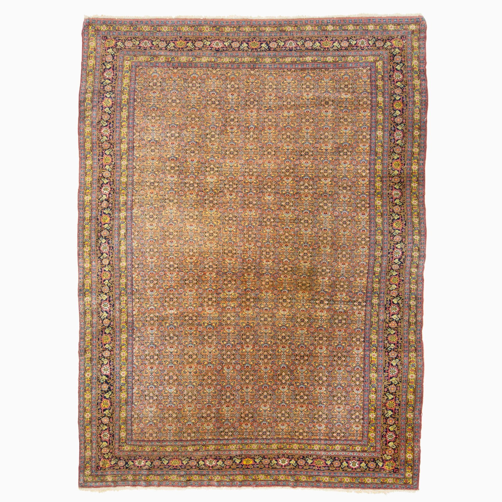 Senna-Baff Tabriz Carpet: Northwest Persia, First 1/4 20th Century The allover polychrome Herati pattern on the rust field is within a midnight blue palmette and vine border. Signed. 10 feet 4 inches x 7 feet 6 inches. 