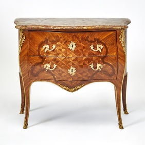 Fine Louis XV Ormolu-Mounted Kingwood, Tulipwood, Amaranth Marquetry and Parquetry Commode