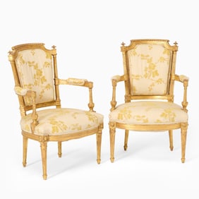 Pair of Louis XVI Carved Giltwood Fauteuils en Cabriolet