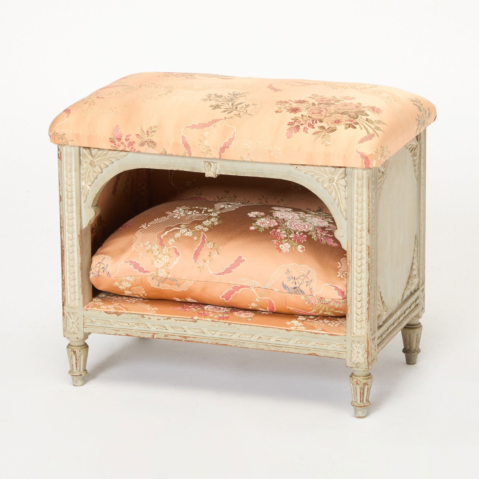 Louis XVI Style Carved and Painted Wood Dog House (Niche a Chien): Second half 19th Century The rectangular padded top above an arched opening forming a recessed interior lined with loose cushions, the front carved with moulded classical ornament, set on tapering flu