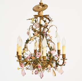Louis XVI Style Rock Crystal and Porcelain Flower Encrusted Chandelier