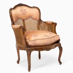 Louis XV Style Caned Seat Carved Walnut Bergere