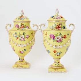 Pair of Dresden Porcelain Two-Handled Vases and Covers