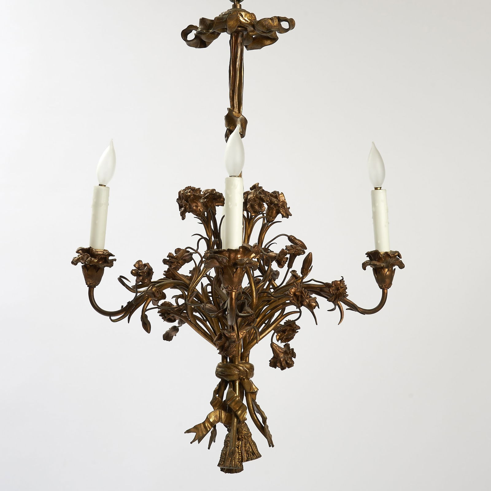 Louis XVI Style Porcelain-Mounted Gilt Bronze Four-Light Chandelier: The Property of a Distinguished Private Collection Mid-20th Century Height 22 inches (55.8 cm), diameter 20 inches (50.8 cm).
