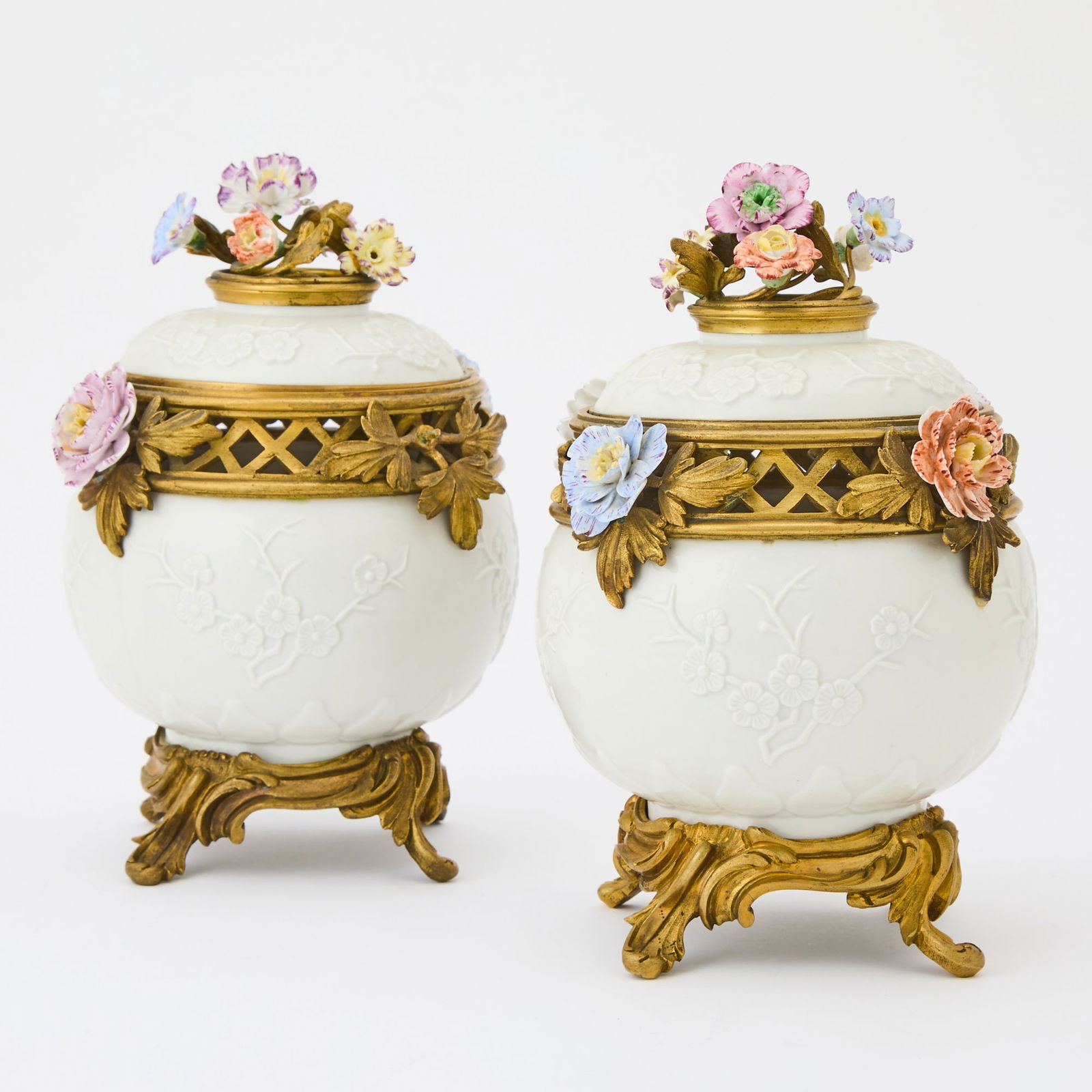 Pair of Louis XV Gilt-Bronze Mounted and Flower Encrusted White Glazed Porcelain Potpourri Vases (1 of 5)