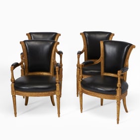 Set of Four Directoire Leather Upholstered Carved Giltwood Fauteuils En Cabriolet