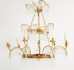 German Neoclassical Style Cut Glass Mounted Brass Nine Light Chandelier