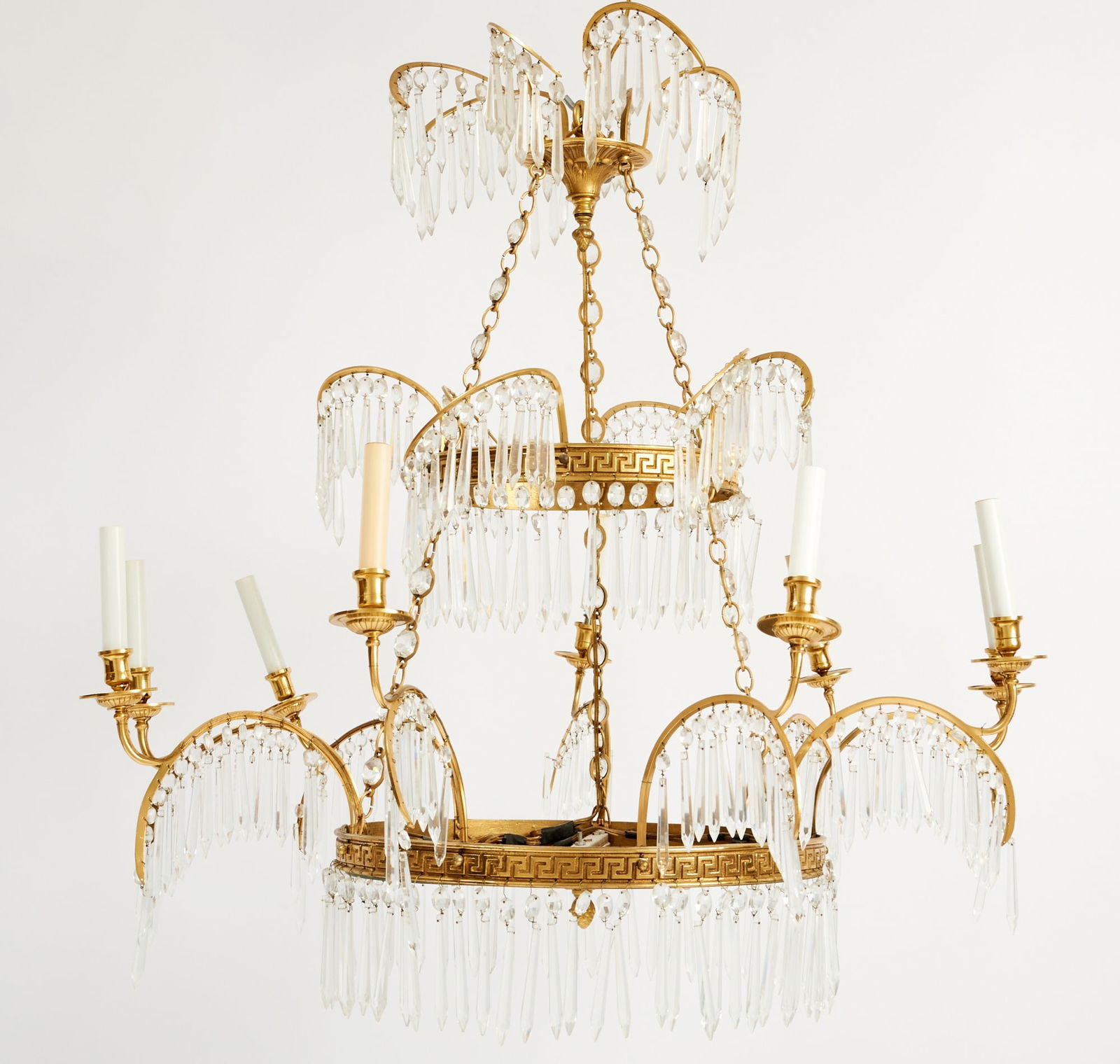 German Neoclassical Style Cut Glass Mounted Brass Nine Light Chandelier: Late 19th Century In the manner of Werner and Mieth Height 40 inches (101.5 cm), diameter 34 inches (86.5 cm) Wer
