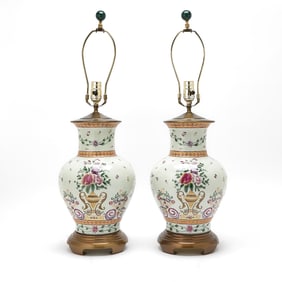 Pair of French Porcelain Table lamps in Chinese Famille Rose Style