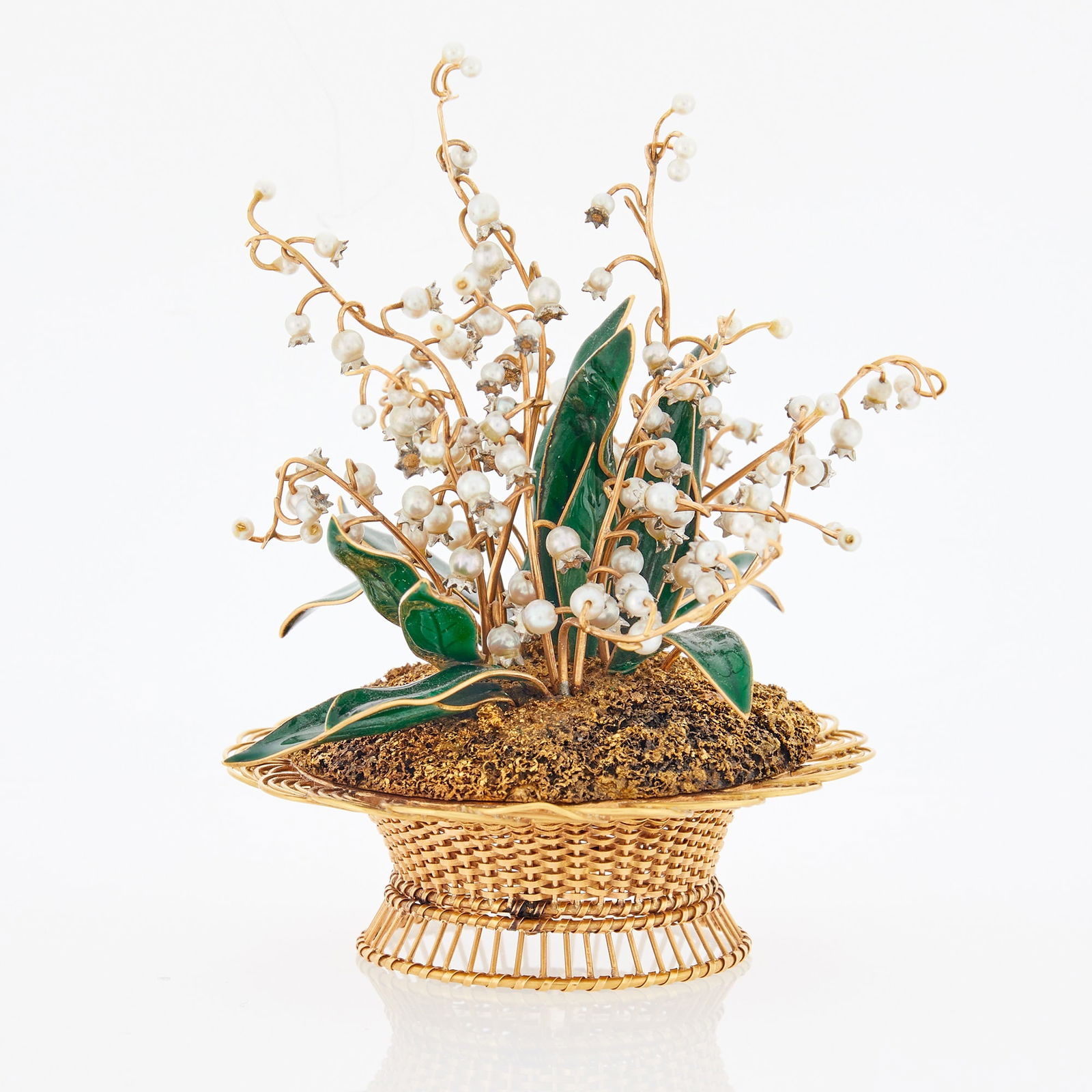 Vourakis 18KT Gold, Pearl and Enamel 'Lilies-of-the-Valley' Basket: After August Wilhelm Holmstrom for House of Carl Fabergé, mid-20th century With fourteen individual stems adorned with pearls amid green enameled leaves within a gold ground and a scalloped woven
