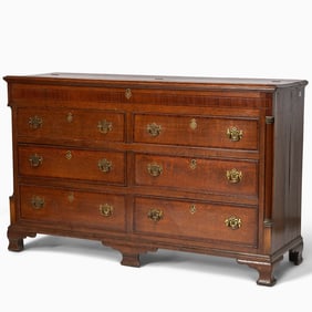 George III Provincial Mahogany Inlaid Oak Double Chest of Drawers